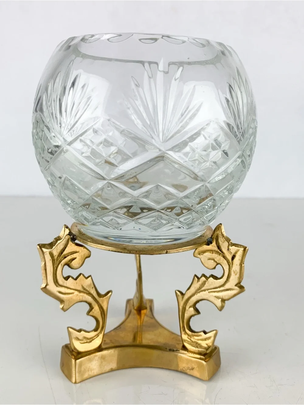 Vintage Cut Crystal Rose Bowl With Ornate Scroll Brass Stand Hollywood Regency